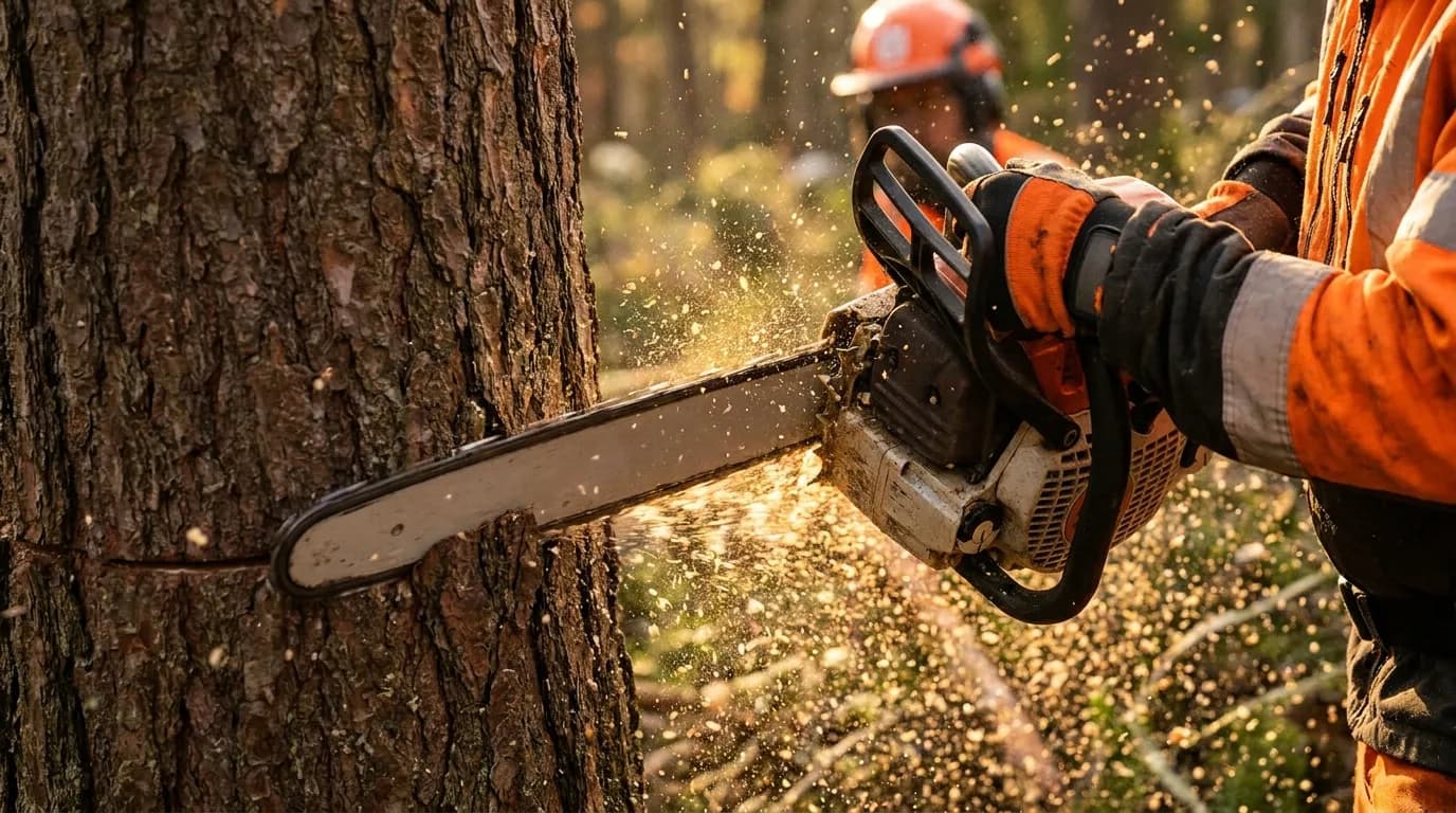 A chainsaw cutting cleanly through a thick tree trunk, woodchips flying