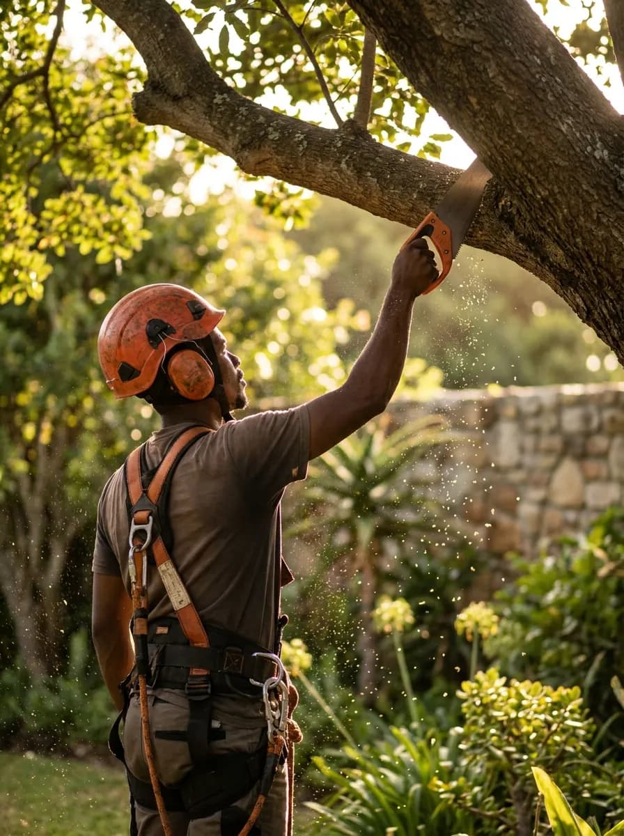 A Tree Fellers Cape arborist at work, trimming a tree in a sunlit Cape Town garden