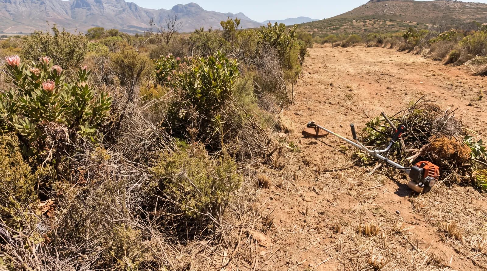 A plot of overgrown bush being cleared and cut back