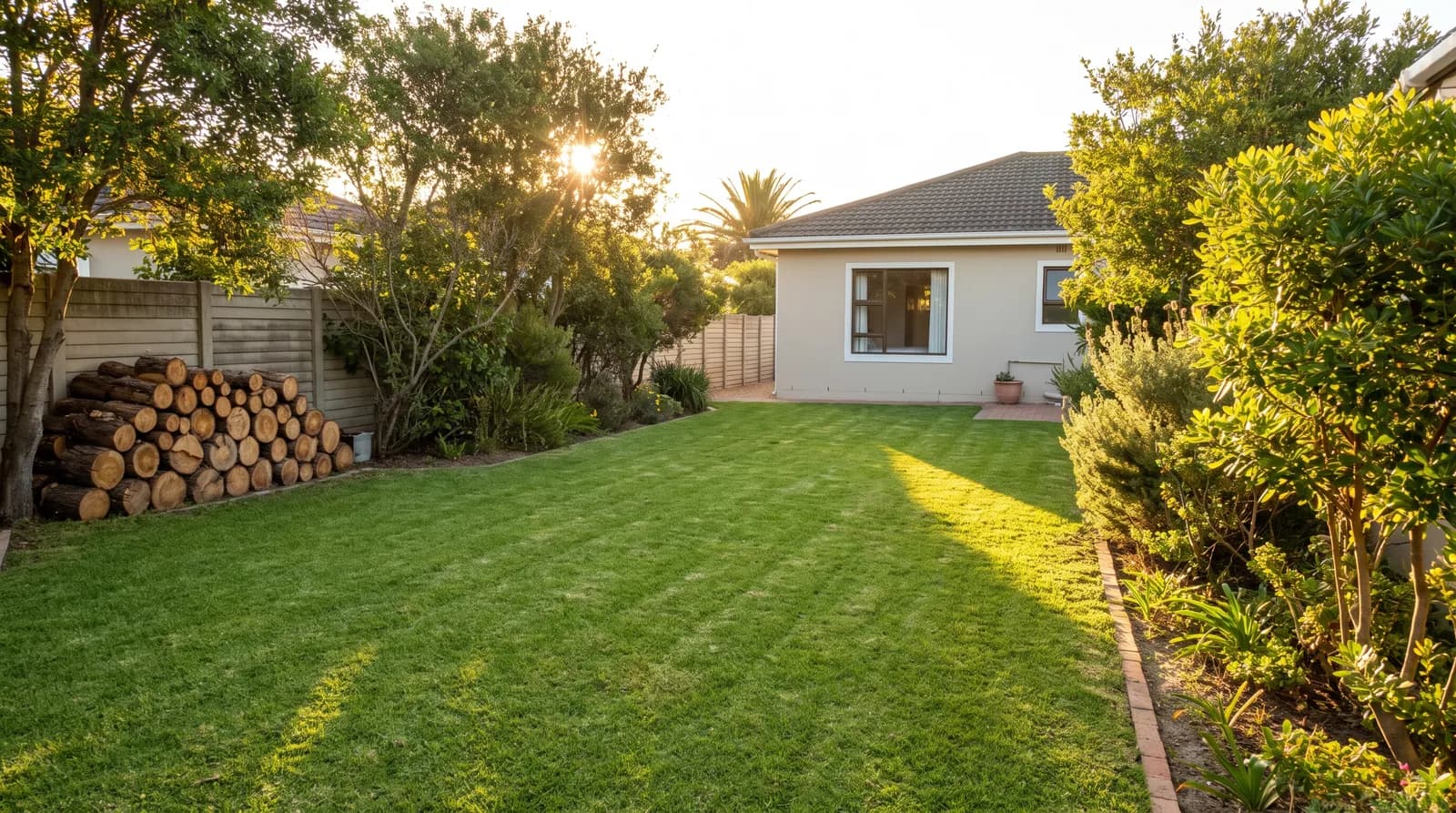 A freshly cleaned Cape Town garden after tree work — raked lawn and neatly stacked logs, no debris left behind
