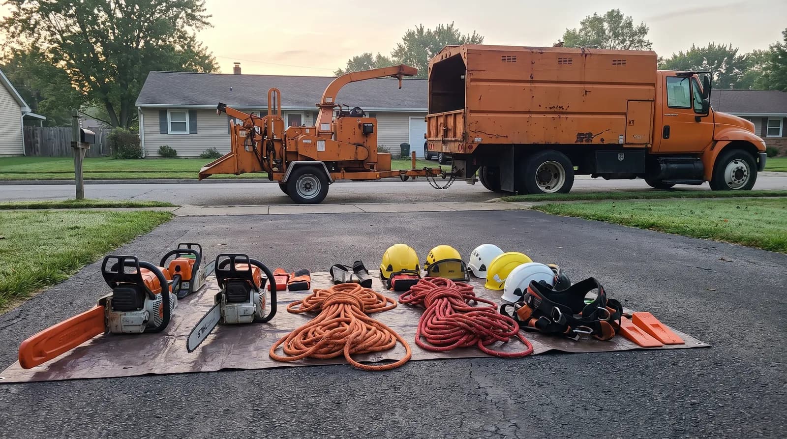 Tree-felling crew equipment — chainsaws, ropes, helmets and a chipper truck