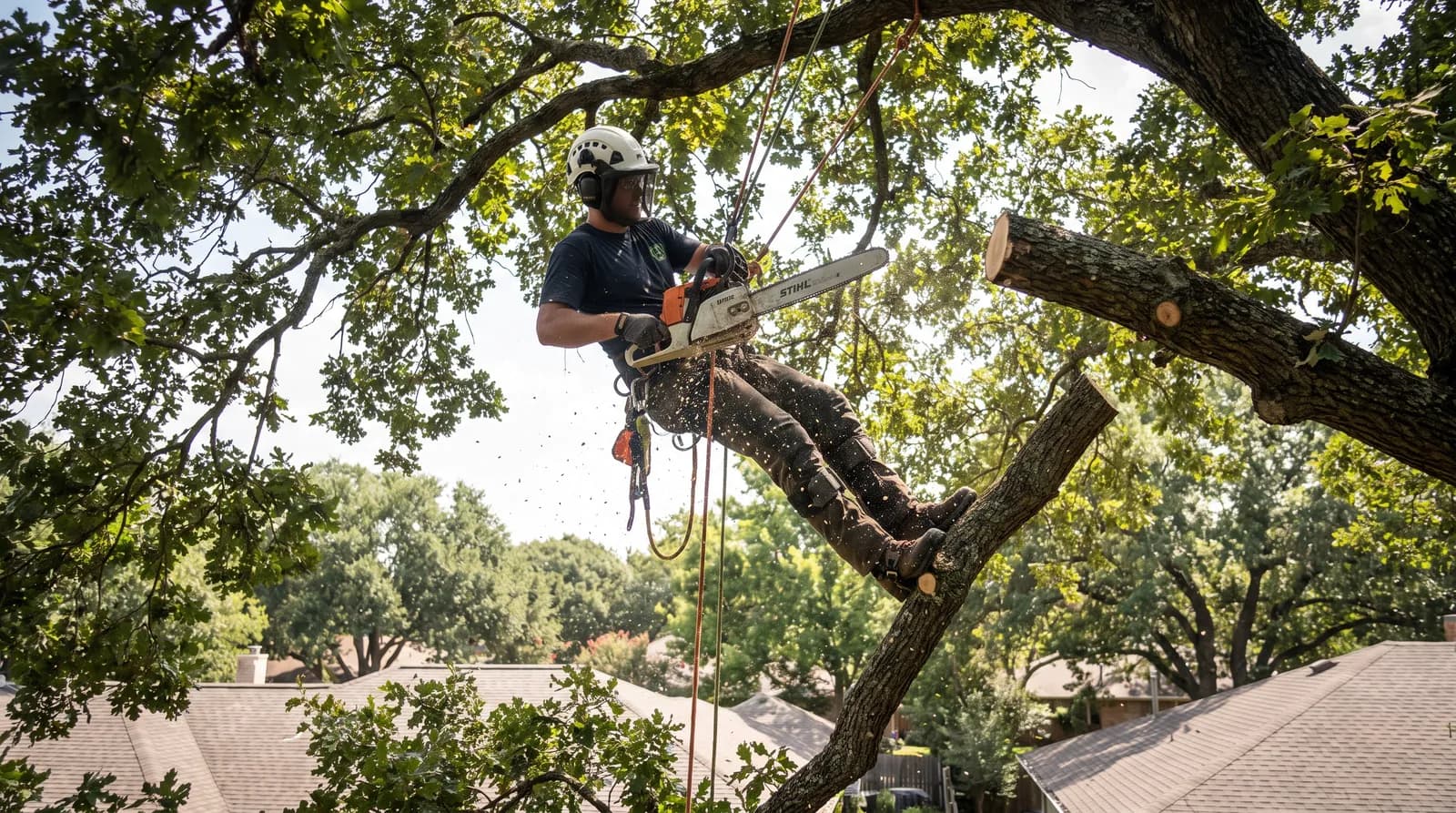 An arborist in safety harness high up a tree during a controlled tree felling