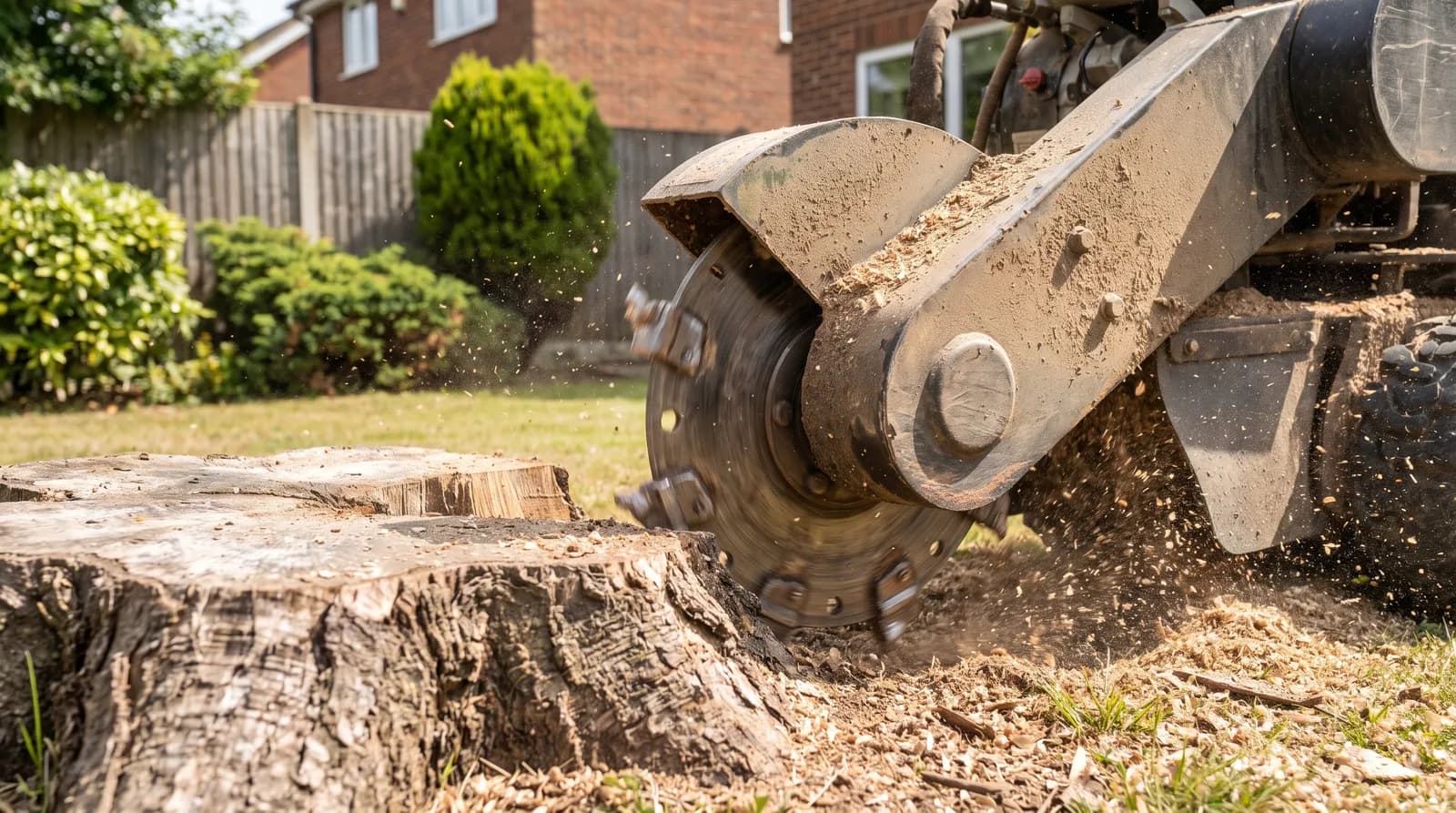 A professional stump grinder removing a tree stump in a suburban garden