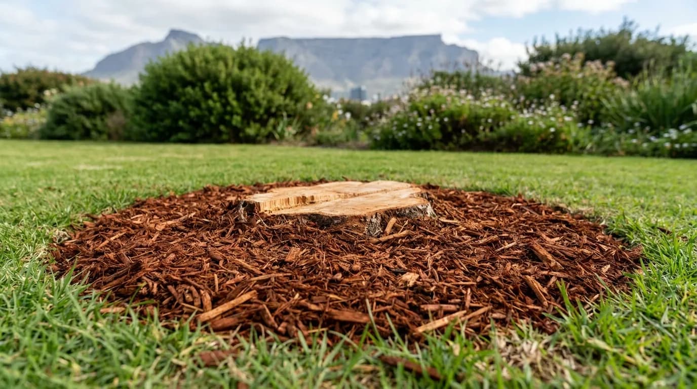 A freshly ground tree stump levelled flush with a tidy lawn