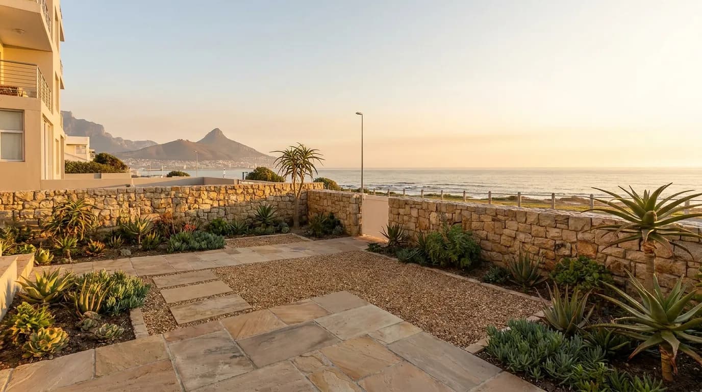 A Sea Point property after a large tree removal, with the sea and mountain behind
